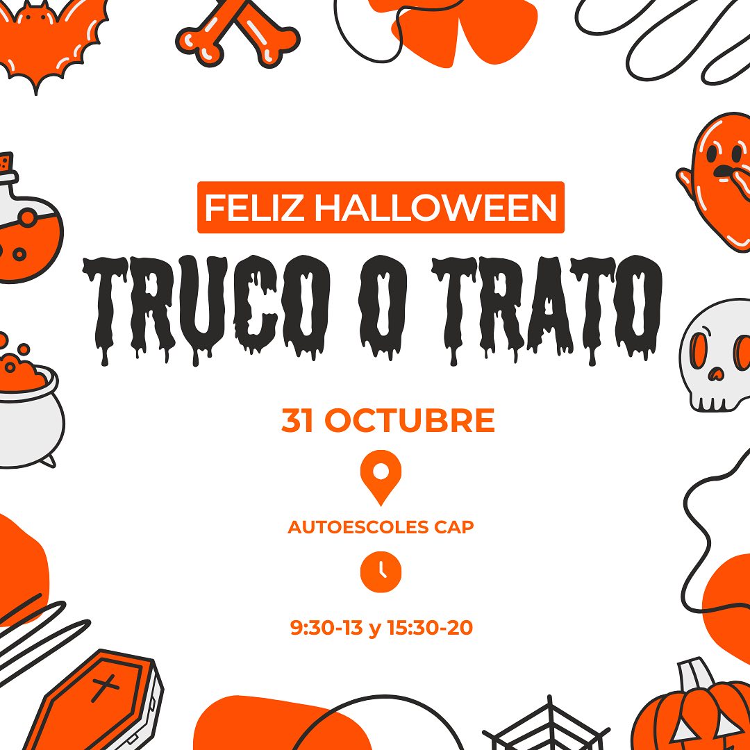 ¿TRUCO O TRATO?
Feliz día de Halloween🎃🦇🕸️
En Autoescoles CAP ya estamos preparados para la noche más terrorífica del año y por eso os invitamos a nuestro truco o trato. Tendrá lugar durante todo el día 31/10 desde las 9:30 hasta las 13 y de 15:30 a 20 en todas nuestras secciones. Vengas o no disfrazado un montón de golosinas te están esperando 🍬🍡🍭